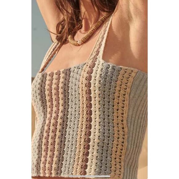 Crochet Knit Two-Piece Set With Striped Crop Top & Shorts Boho Style Beachwear F - Picture 2 of 5